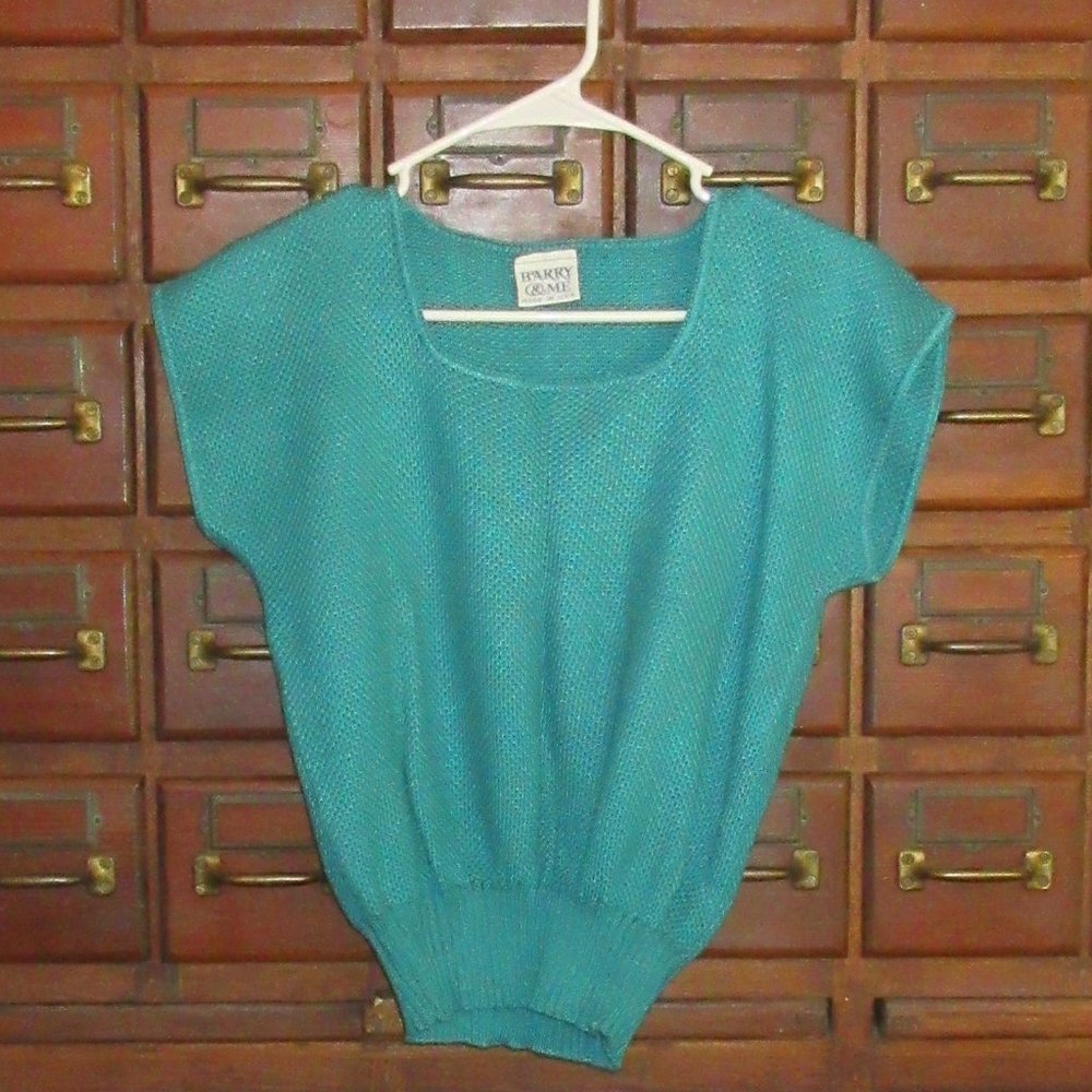 Cropped Jade Green Cap Sleeve Knit Top Boat Neck Large